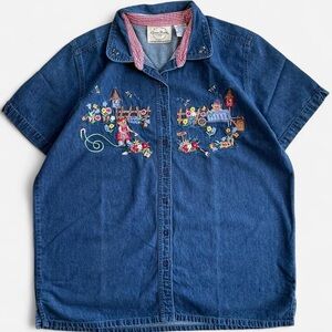 Vintage Lauren Brooke Denim Button Down Shirt Embroidered Teddy Bears Gardening